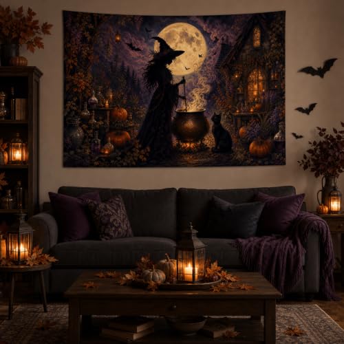 Halloween Witch Cauldron Wall Tapestry - 40x30 Inches Gothic Moonlit Decor