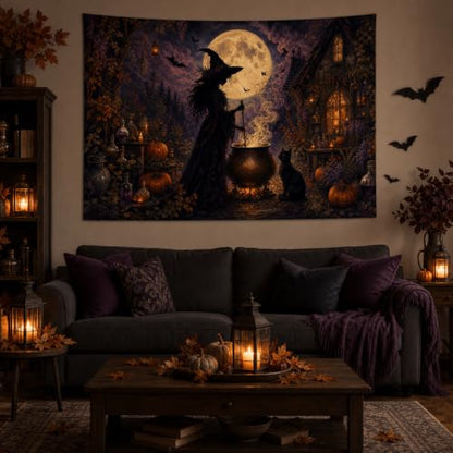 Halloween Witch Cauldron Wall Tapestry - 40x30 Inches Gothic Moonlit Decor