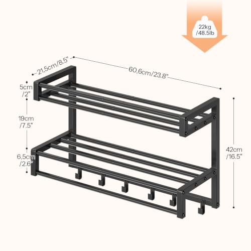 Wall-Mounted Towel Rack with 3 Tiers and 6 Hooks for Bathroom Organization