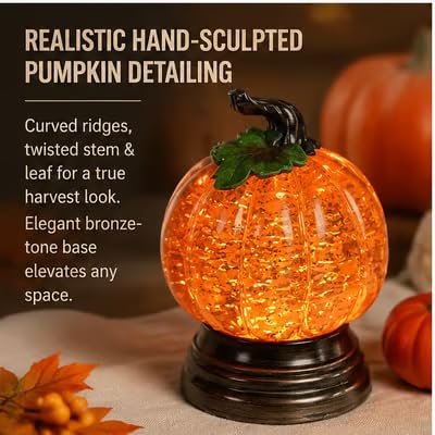 Lighted Pumpkin Snow Globe with LED Warm Orange Light, Gold Glitter Fall Decor