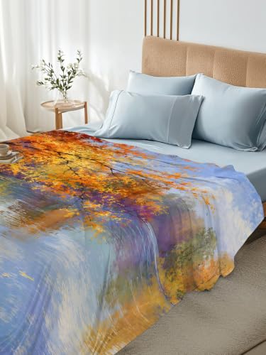 California King Flat Sheet - Lake Trees Leaves Fall Microfiber Bed Sheet - Amber, Gold, Orange, Blue