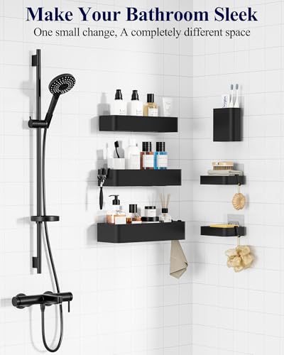 Kitsure Large Shower Caddy - 6 Pack Adhesive Bathroom Shelves Black