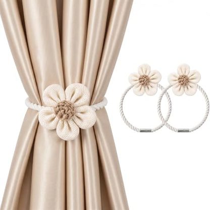 Magnetic Curtain Tiebacks 2 Pack - Boho Flower Cotton Linen Holdbacks for Bedroom Nursery Living Room