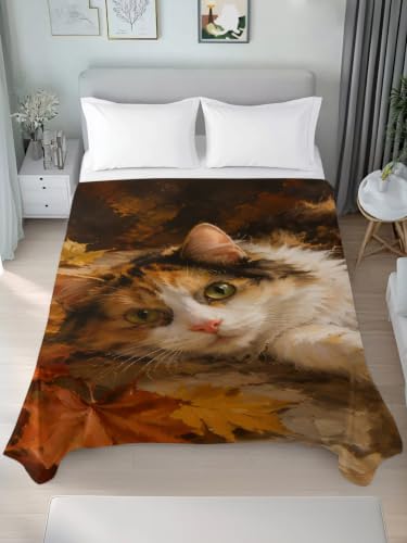 Brown King Size Maple Leaves Flat Bed Sheet Microfiber Fall Foliage Cat Bedding