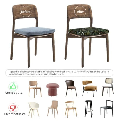 Green Botanical Chair Seat Covers Set of 2 - Waterproof & Elastic Dining Chair Protectors (Black & Green, 9"x7")