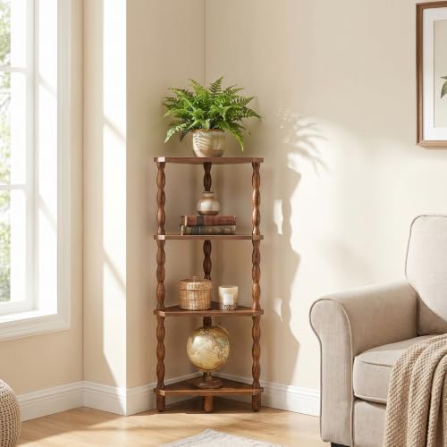 Corner Shelf Wooden 4-Tier Rustic Brown - Space Saving Corner Bookcase