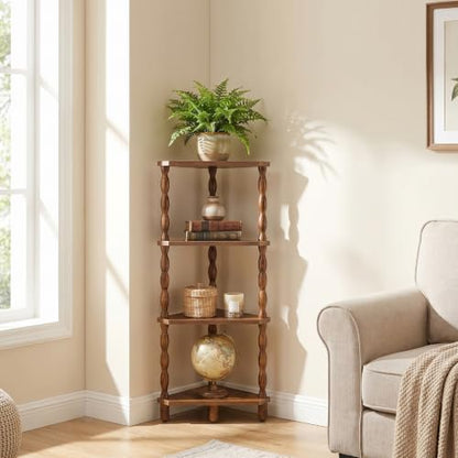Corner Shelf Wooden 4-Tier Rustic Brown - Space Saving Corner Bookcase