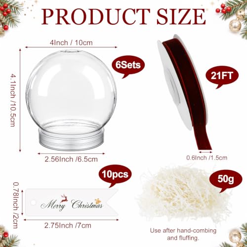 DIY Christmas Snow Globe Kit - 6 Clear Plastic 4-Inch Water Globes with Filler & Ribbons