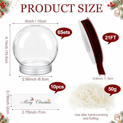 DIY Christmas Snow Globe Kit - 6 Clear Plastic 4-Inch Water Globes with Filler & Ribbons