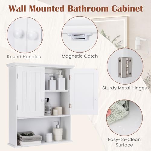 White Bathroom Wall Cabinet with Adjustable Shelf & 2 Doors - Modern Storage