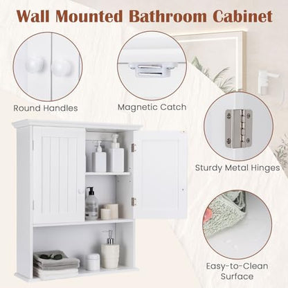 White Bathroom Wall Cabinet with Adjustable Shelf & 2 Doors - Modern Storage