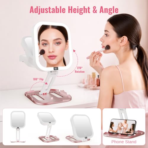 Foldable Travel Makeup Mirror with Lights 10X/1X Magnification USB-C