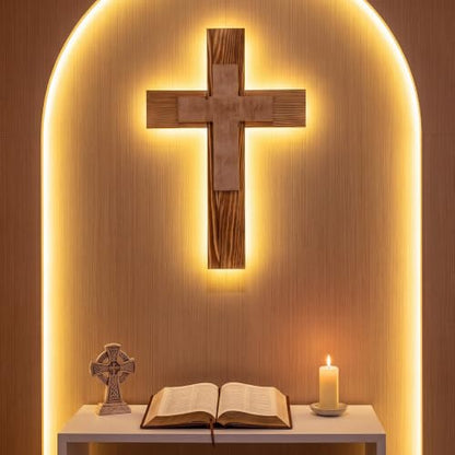 Mifoci Lighted Wooden Wall Cross Double Layer Christian Decoration
