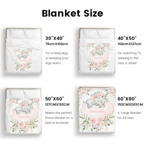 Personalized Baby Blanket with Name - Elephant Floral Watercolor - Watercolor A-01