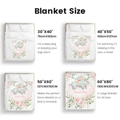Personalized Baby Blanket with Name - Elephant Floral Watercolor - Watercolor A-01
