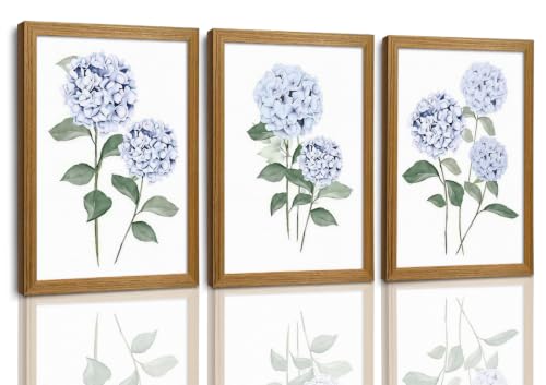 Framed Blue Hydrangea Wall Art Set - Botanical Floral Canvas Decor
