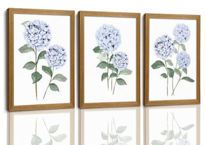 Framed Blue Hydrangea Wall Art Set - Botanical Floral Canvas Decor