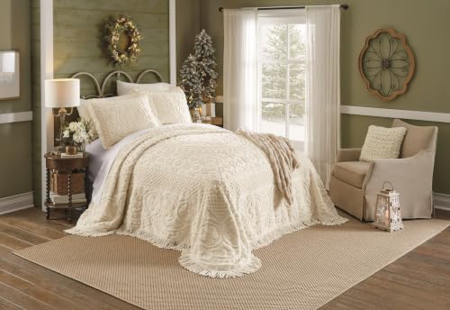 Ivory King Size Floral Chenille Bedspread - Cotton Modern Comfort