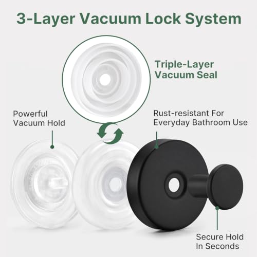 Heavy Duty Suction Cup Hooks 6 Pack - Removable Bathroom Hooks, Black
