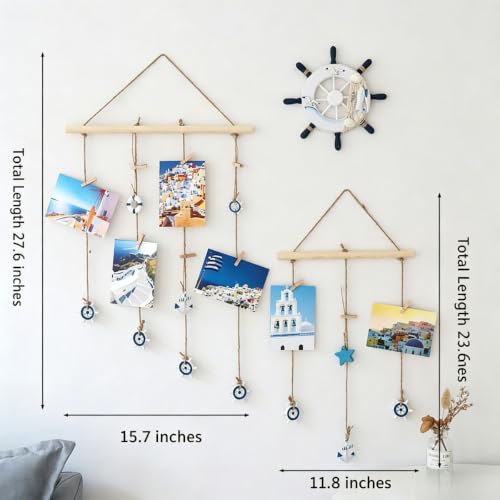 Nautical Photo Display Wall Hanging with Clips - Coastal Decor, Blue Seashell L