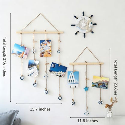 Nautical Photo Display Wall Hanging with Clips - Coastal Decor, Blue Seashell L