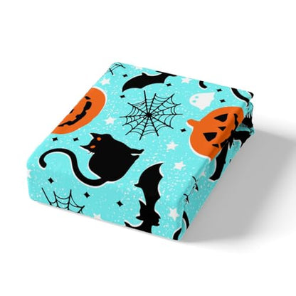 Feelyou Happy Halloween Full Size Bedding Set Decoration Pumpkin Lantern Sheets Set for Kids Boys Girls Spooky Cat Bat Fitted Sheet Teal Blue Bed Sheet Set Collection