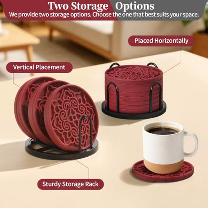 8 Pack Silicone Coasters Set with Holder - Wine Red, Non-Slip, Heat & Water-Resistant
