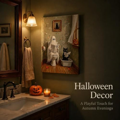 Halloween Ghost Cat Bathroom Wall Art Canvas Print - Framed Decorative Picture 16x12 in