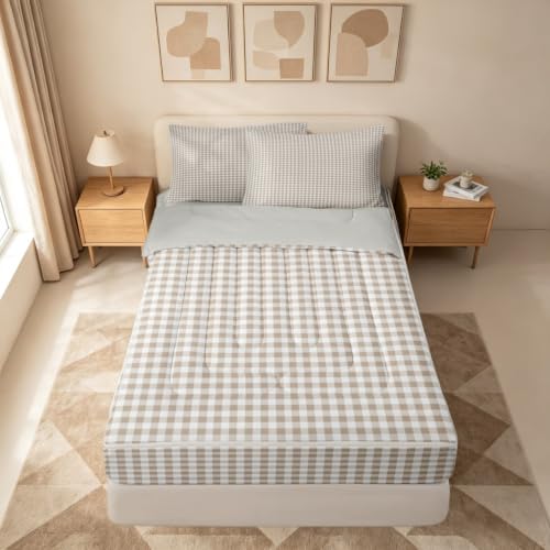 Khaki White Checkered Zipper Bedding Set Full Size - Kids Bed Comforter & Sheet