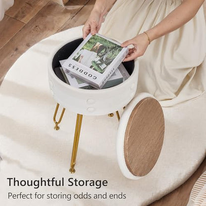 Round Velvet Vanity Stool with Storage – White Faux Fur Makeup Chair, 4 Metal Legs