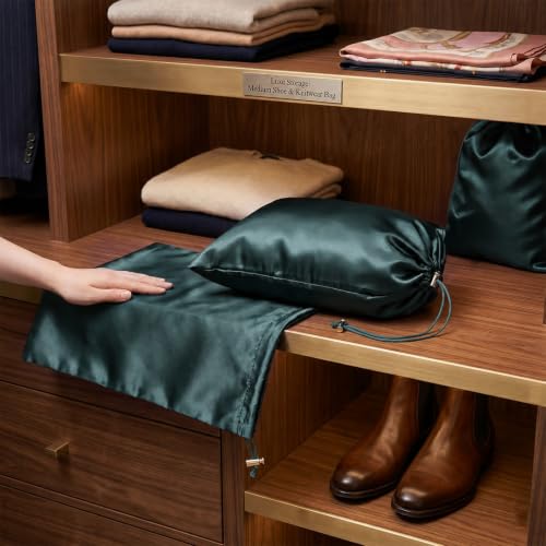 Dark Green Satin Toy Storage Bags 6 Pcs Drawstring Pouch Set in 3 Sizes
