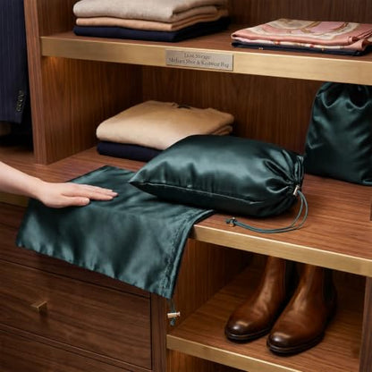 Dark Green Satin Toy Storage Bags 6 Pcs Drawstring Pouch Set in 3 Sizes