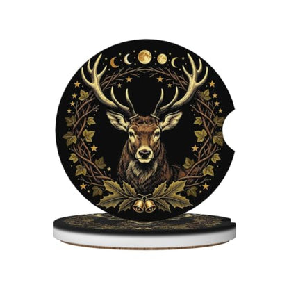 RIWOBI Deer Moon Car Coasters for Cup Holders - Blue Absorbent Ceramic Set