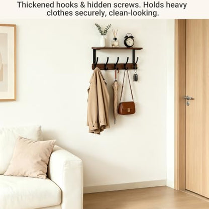 Rustic Wall Coat Rack Shelf with 5 Dual Hooks for Entryway & Home