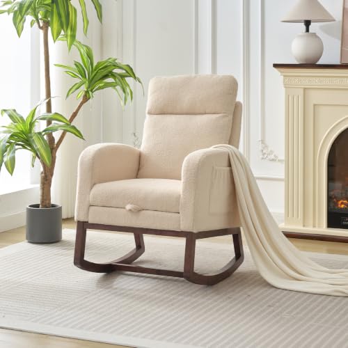 Nursery Rocking Chair with Adjustable Footrest & Side Pocket - Teddy Fleece-Beige