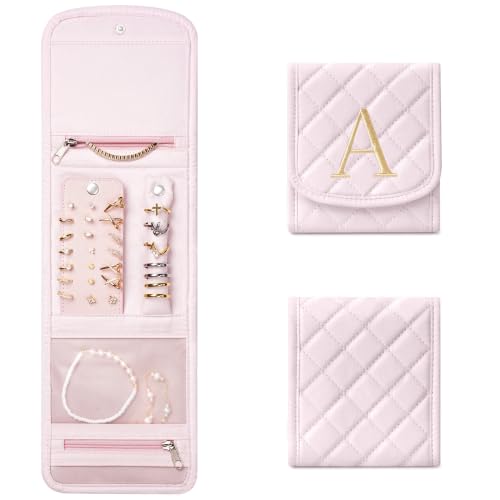 Travel Jewelry Organizer Roll for Women - Pink Initial Monogram, Compact & Portable