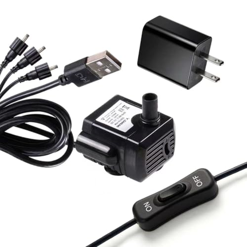 Indoor Fountain Replacement Water Pump USB Submersible with Switch & Power Adapter