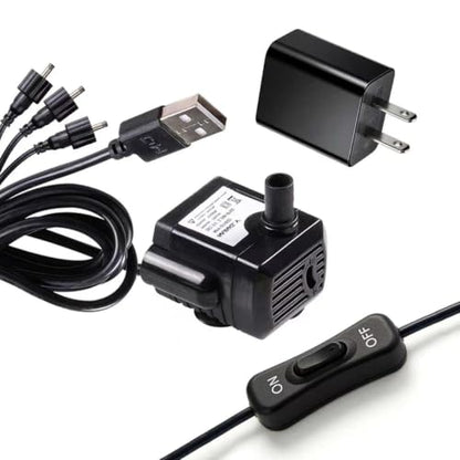Indoor Fountain Replacement Water Pump USB Submersible with Switch & Power Adapter