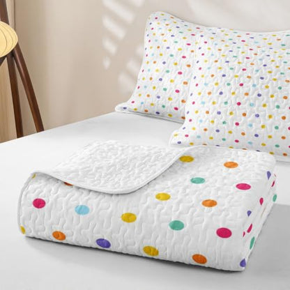 Colorful Full Size Polka Dot Quilt Bedspread Set - 3 Pieces, Rainbow Geometric Bedding