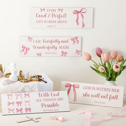 Pink Bow Christian Wall Decor Set - 4 Wooden Religious Room Accents