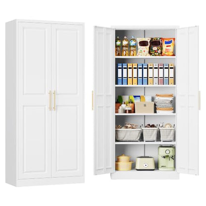 Tall White Metal Kitchen Pantry Cabinet with 2 Doors & 5 Shelves - 71 Inches