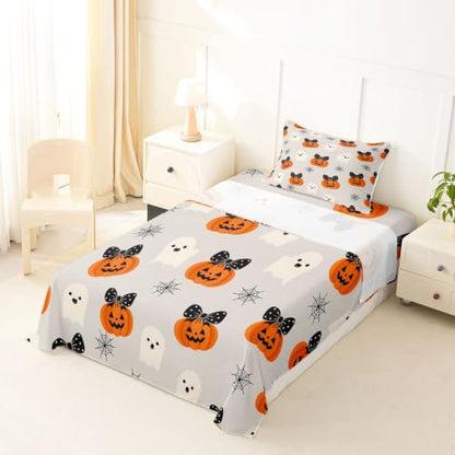 White Pumpkin Bed Sheets Set Twin Size Halloween Microfiber Deep Pocket Fitted Sheet