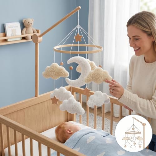 Baby Crib Mobile with Moon Clouds & Wooden Stars - Nordic Style Nursery Decor