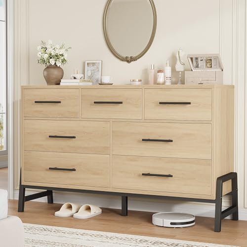Garvee 52in Dresser with 7 Deep Drawers, Natural Oak Finish — 16" D x 52" W x 32" H