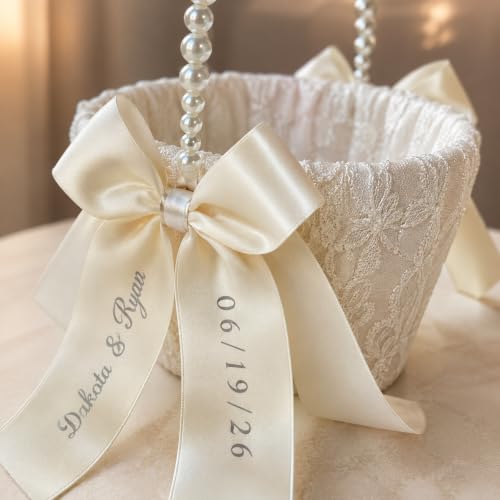 Personalized Flower Girl Basket with Lace & Pearls for Wedding Ceremony