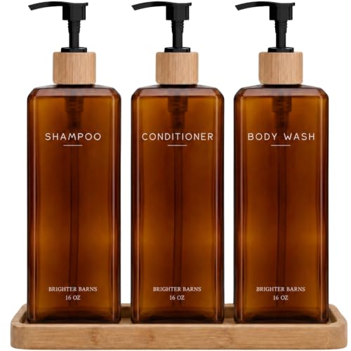 Amber Refillable Shampoo and Conditioner Dispenser Set by Brighter Barns - 16oz Bathroom Decor