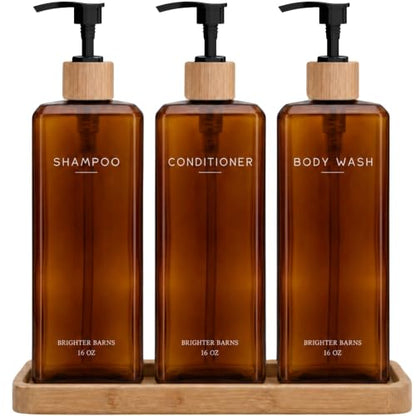 Amber Refillable Shampoo and Conditioner Dispenser Set by Brighter Barns - 16oz Bathroom Decor