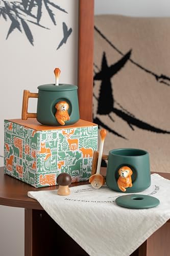 Ceramic Coffee Mug with Lid & Matching Spoon - Green Golden Retriever Pattern, 14oz