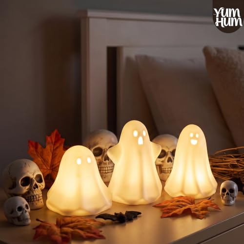 3PCS Ceramic Ghost Halloween Decorations with Amber LED Glow - Indoor Display
