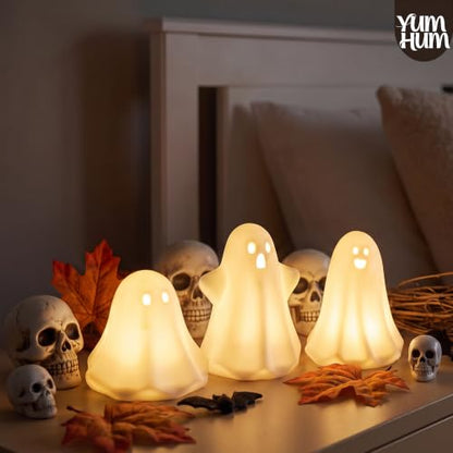 3PCS Ceramic Ghost Halloween Decorations with Amber LED Glow - Indoor Display